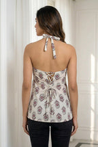 Rhea Heritage Halter Top in Crisp Ivory & Rich Crimson